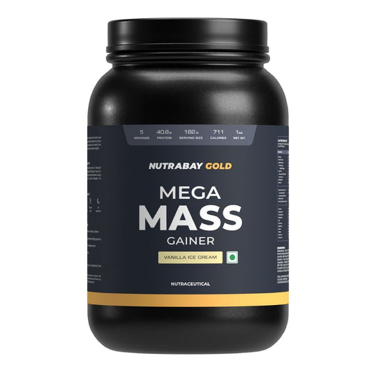 Nutrabay Gold Mega Mass Gainer Protein Powder - 40g Protein, 714 Calories, 7.8g BCAAs, Easy Digesting, 1 Kg Vanilla Ice Cream.