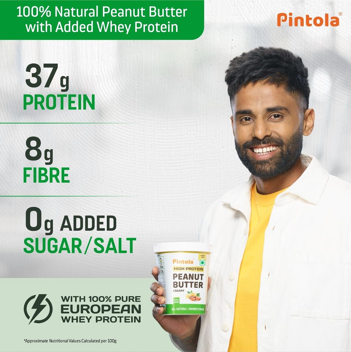 Pintola All Natural High Protein Peanut Butter Made With 100 Roasted Peanuts  High In Fiber Naturally Gluten-Free No Added Sugar  Unsweetened Creamy