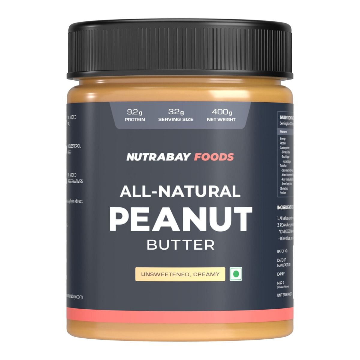 Nutrabay Foods All-Natural Peanut Butter Creamy - Unsweetened  100 Roasted Peanuts 28g Protein Zero Cholesterol Vegan Gluten Free Non GMO