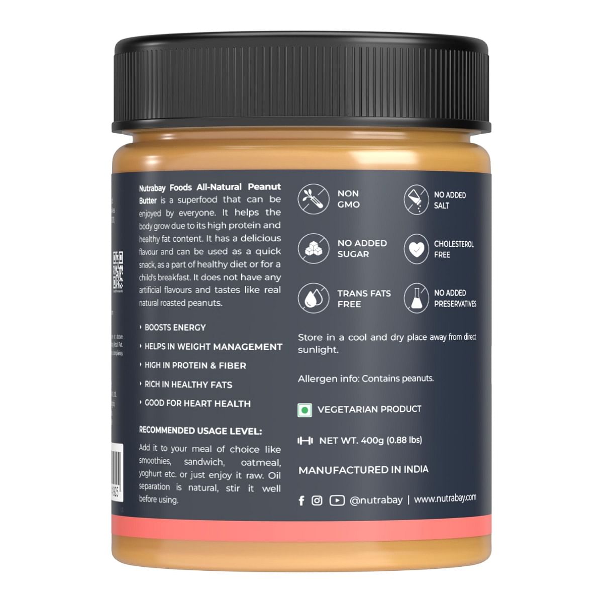 Nutrabay Foods All-Natural Peanut Butter Creamy - Unsweetened  100 Roasted Peanuts 28g Protein Zero Cholesterol Vegan Gluten Free Non GMO