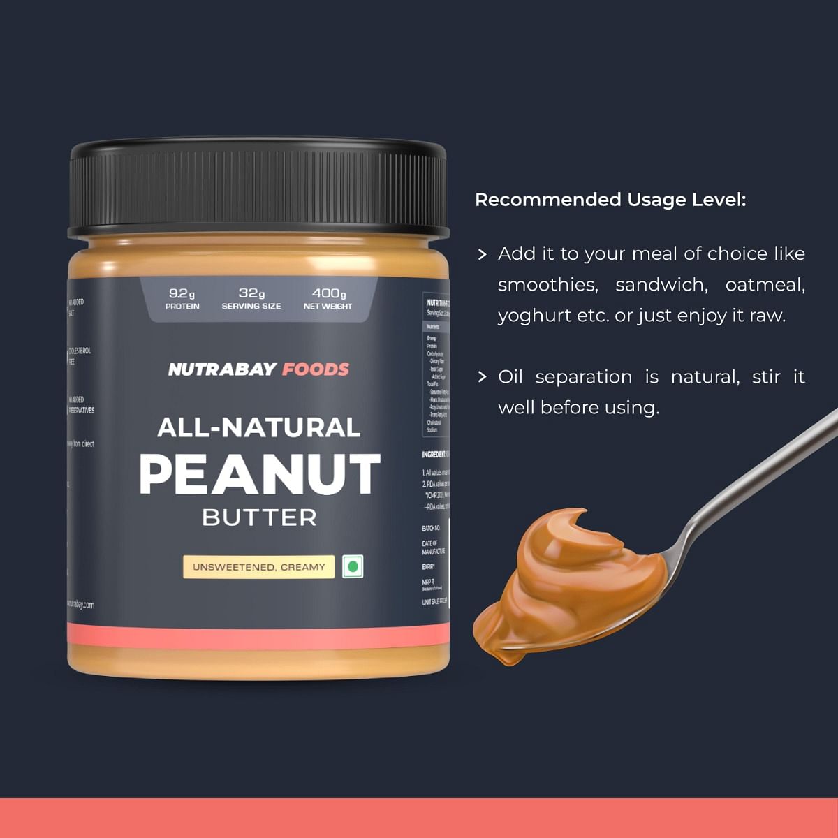 Nutrabay Foods All-Natural Peanut Butter Creamy - Unsweetened  100 Roasted Peanuts 28g Protein Zero Cholesterol Vegan Gluten Free Non GMO