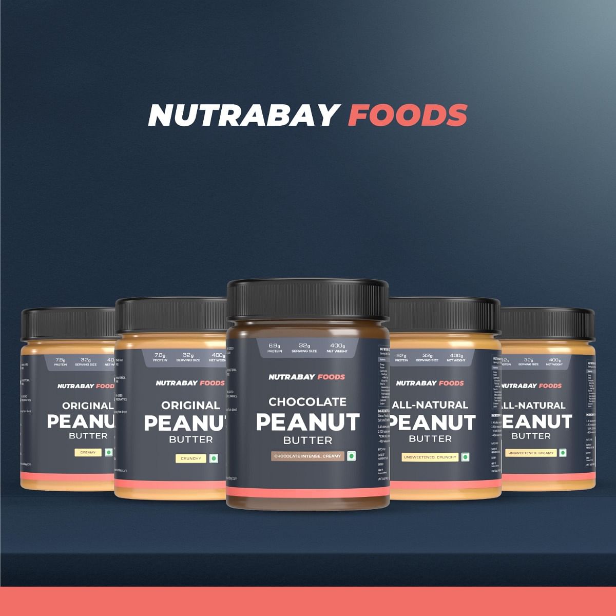 Nutrabay Foods All-Natural Peanut Butter Creamy - Unsweetened  100 Roasted Peanuts 28g Protein Zero Cholesterol Vegan Gluten Free Non GMO