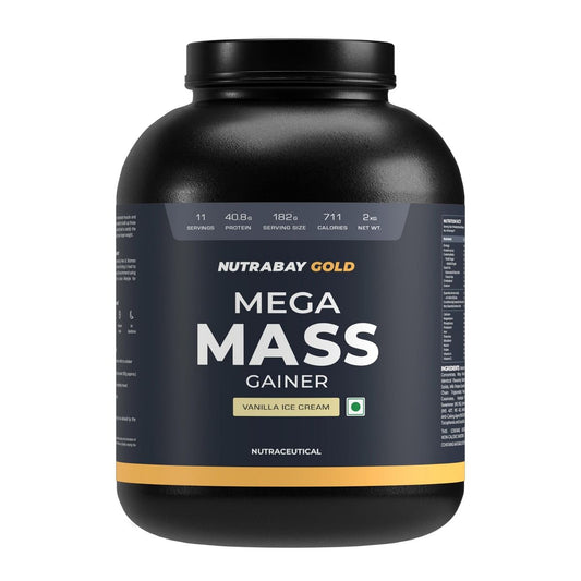 Nutrabay Gold Mega Mass Gainer Protein Powder - 40g Protein, 714 Calories, 7.8g BCAAs, Easy Digesting, 2 Kg Vanilla Ice Cream.