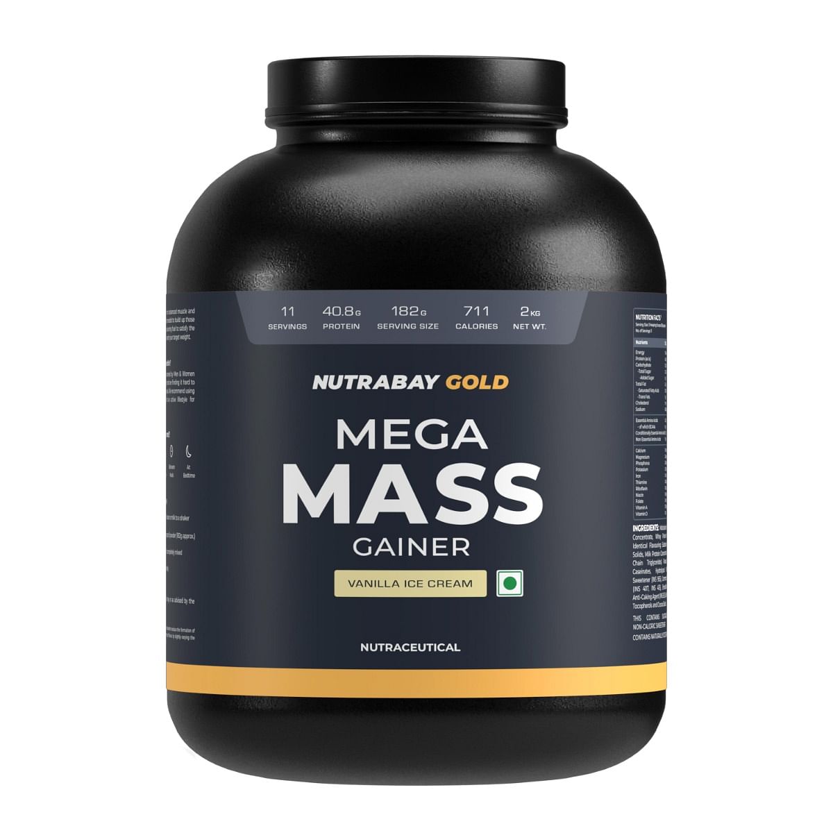 NUTRABAY Gold Mega Mass Gainer Protein Powder 2Kg - 40g Protein, 714 Calories, 7.8g BCAAs, Easy Digesting for Men & Women.