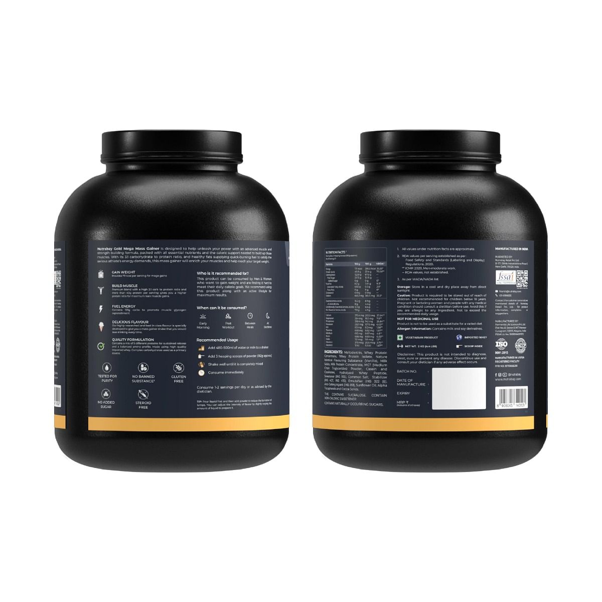 NUTRABAY Gold Mega Mass Gainer Protein Powder 2Kg - 40g Protein, 714 Calories, 7.8g BCAAs, Easy Digesting for Men & Women.