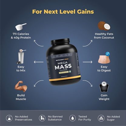 NUTRABAY Gold Mega Mass Gainer Protein Powder 2Kg - 40g Protein, 714 Calories, 7.8g BCAAs, Easy Digesting for Men & Women.