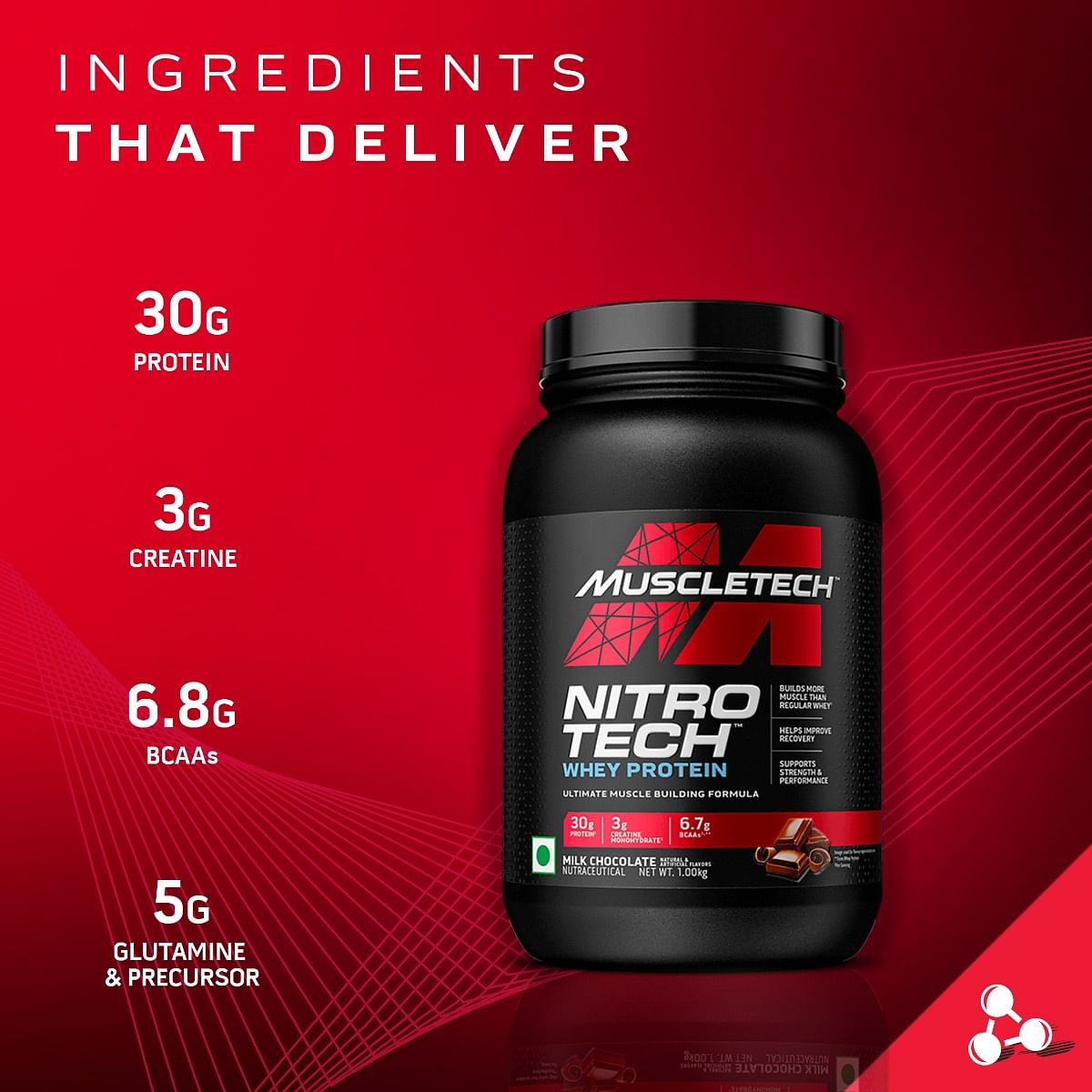 MuscleTech Nitrotech Whey Protein 907g  20 Serving  30g Protein  Vanilla Cream Flavour  Muscle  Recovery  Strength