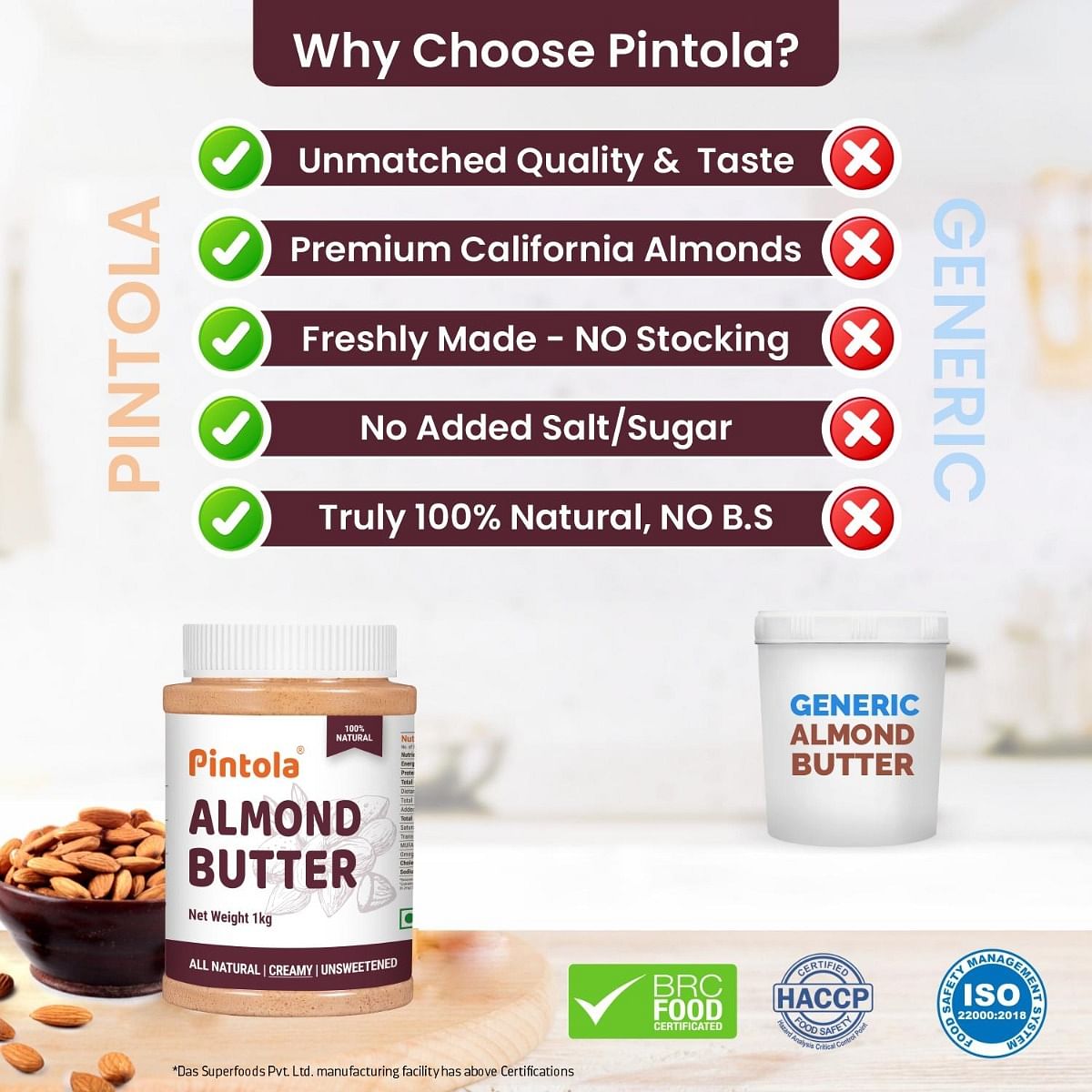 Pintola All Natural Almond Butter Made With Premium Almonds Only  Rich In Protein Naturally Gluten-Free Zero Added Sugar Unsweetened Creamy 1kg