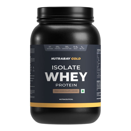 Nutrabay Gold Whey Protein Isolate 1Kg  31 Serving  25g Protein  Rich Chocolate Creme Flavour  Build Muscle  Fast Recovery