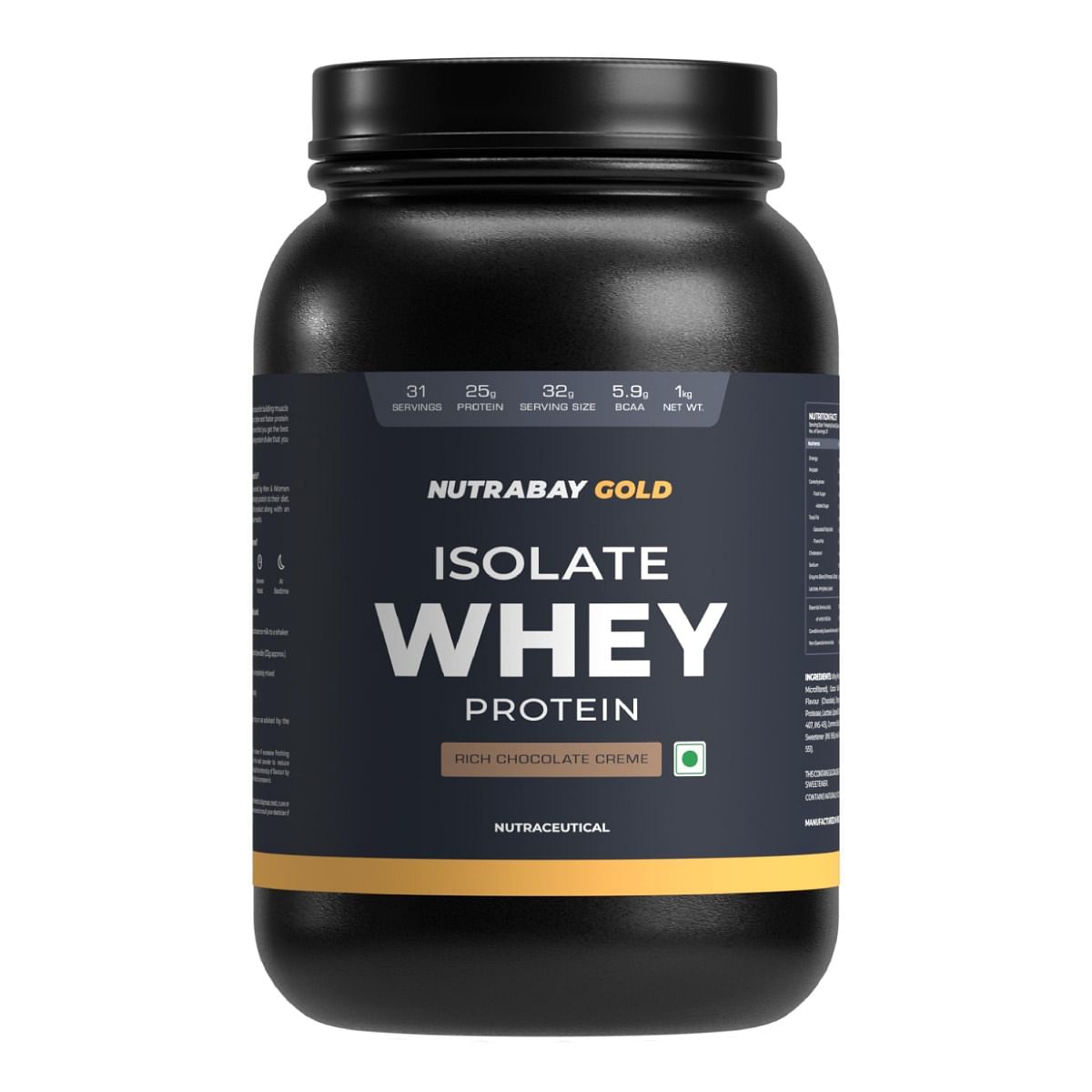 Nutrabay Gold Whey Protein Isolate 1Kg  31 Serving  25g Protein  Rich Chocolate Creme Flavour  Build Muscle  Fast Recovery