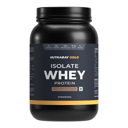 Nutrabay Gold Whey Protein Isolate 1Kg  31 Serving  25g Protein  Rich Chocolate Creme Flavour  Build Muscle  Fast Recovery