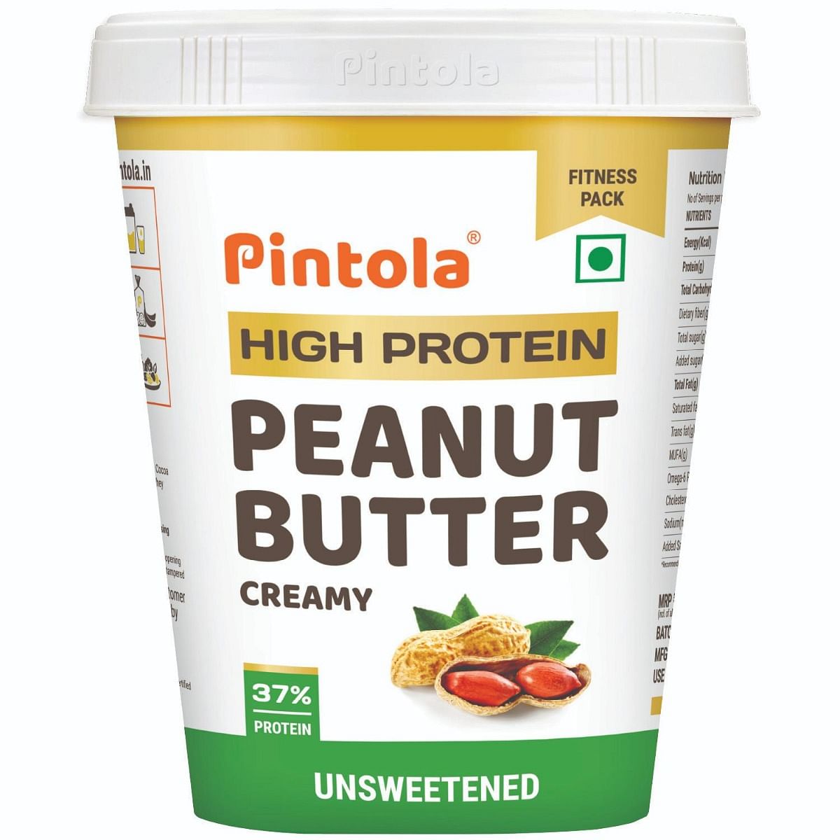 Pintola All Natural High Protein Peanut Butter Made With 100 Roasted Peanuts  High In Fiber Naturally Gluten-Free No Added Sugar  Unsweetened Creamy