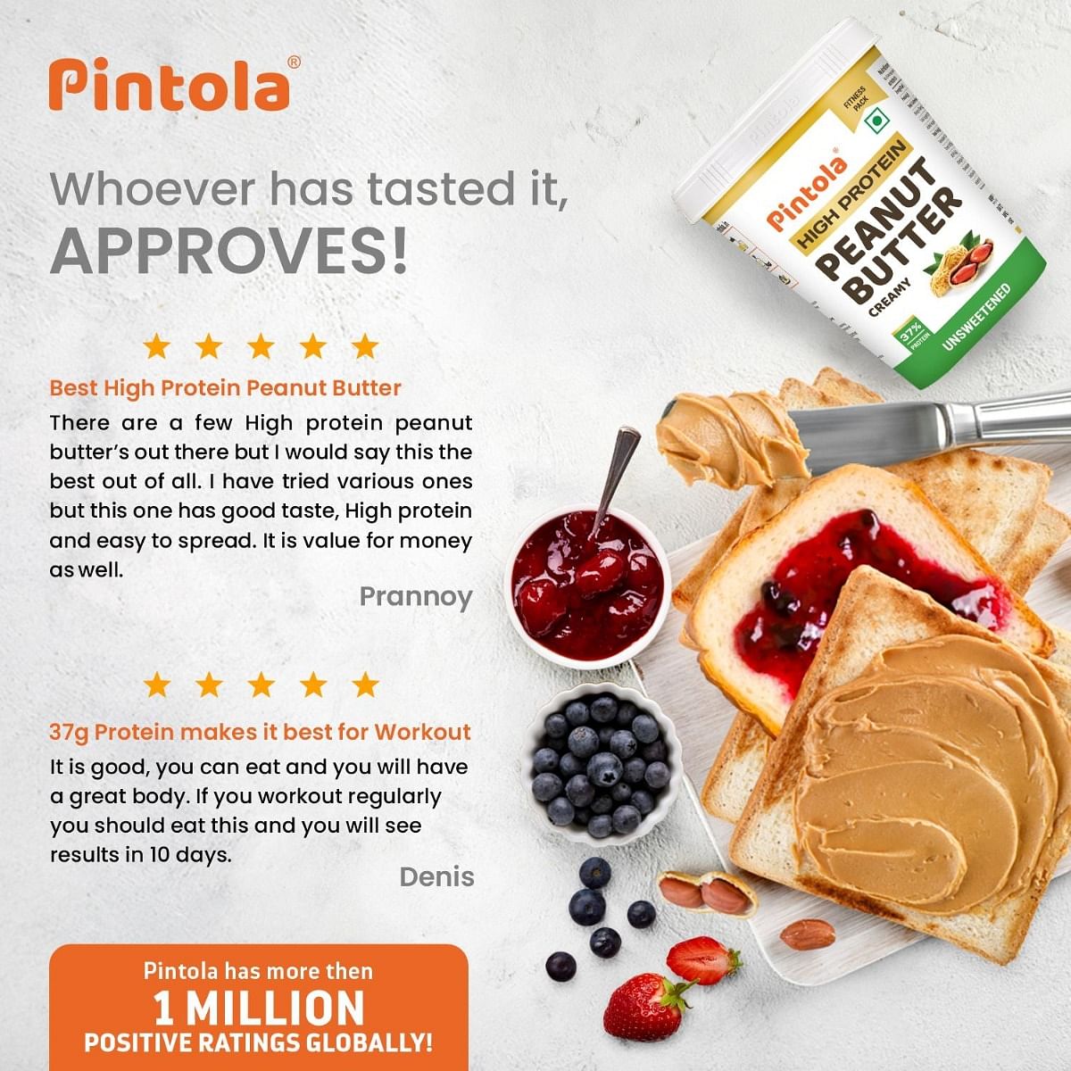 Pintola All Natural High Protein Peanut Butter, 100% Roasted Peanuts, High Fiber, Gluten-Free, No Added Sugar, Unsweetened, Creamy, 1kg