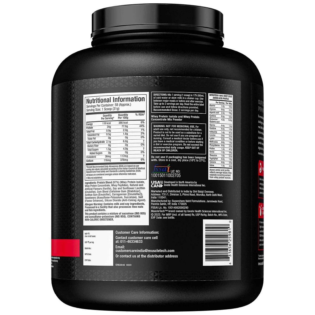 Muscletech Nitrotech 100 Whey Gold 1.81kg  58 Serving  24g Protein  French Vanilla Cream Flavour  Recovery  Lean Muscle