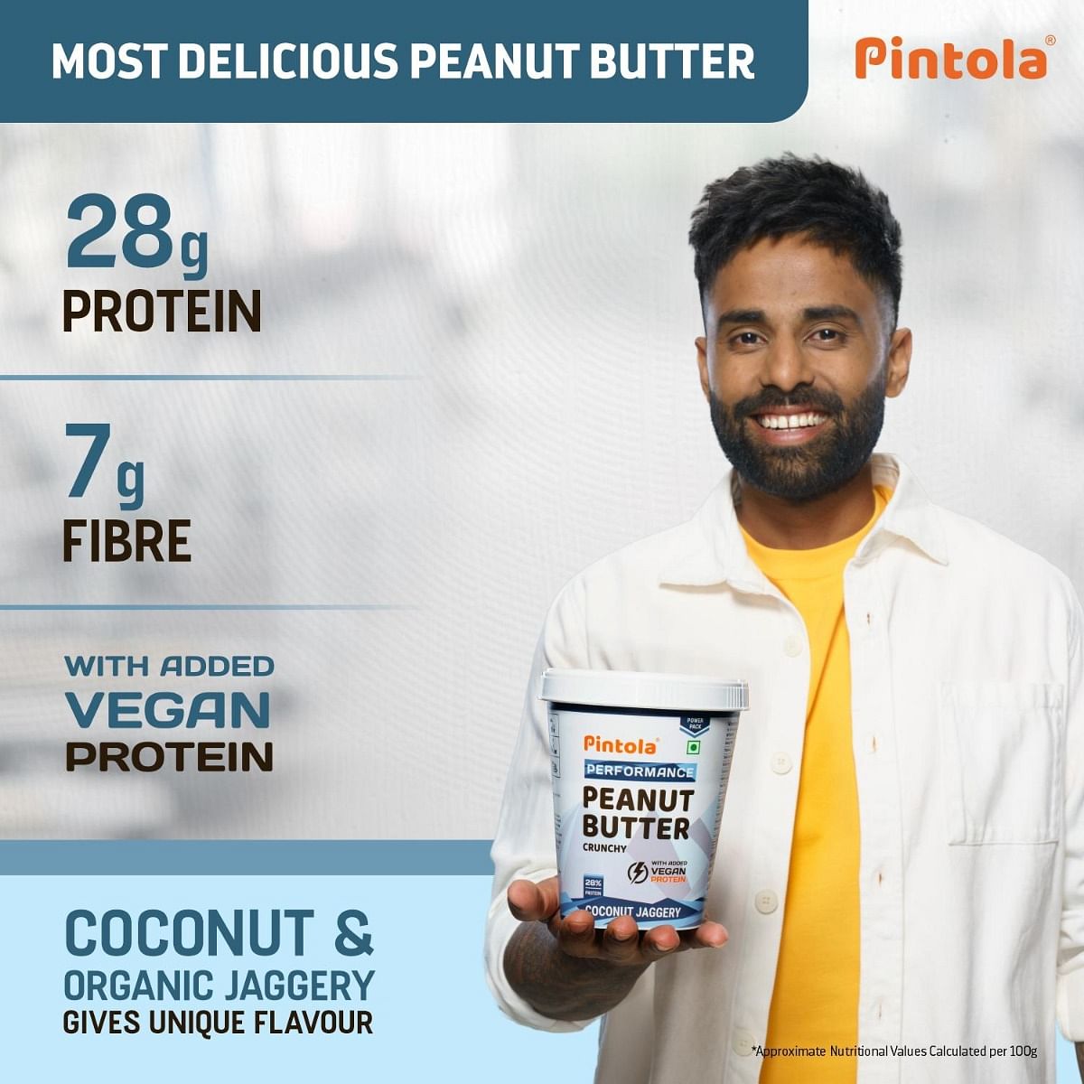 Pintola Coconut Jaggery Performance Series Peanut Butter Crunchy  Vegan Protein  28 Protein  High Protein  Fiber