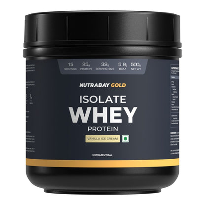 Nutrabay Gold 100 Whey Protein Isolate with Digestive Enzymes - 25g Protein  Protein Powder for Muscle Support  Recovery - Vanilla Icecream 500g