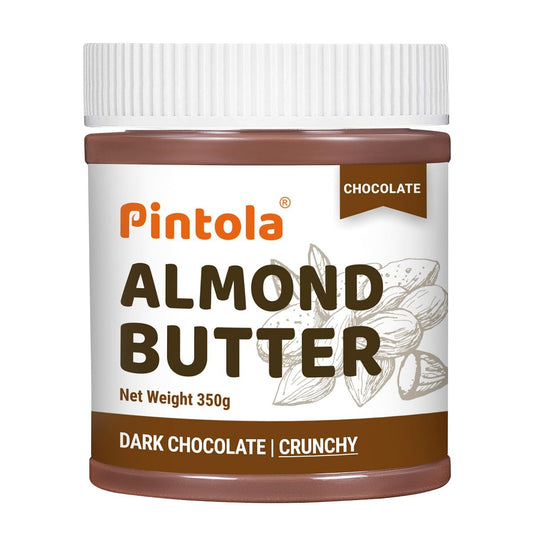 Pintola Almond Butter Dark Chocolate, 350g Crunchy. Made with roasted almonds, rich in fiber & protein, non-GMO, gluten & cholesterol-free.