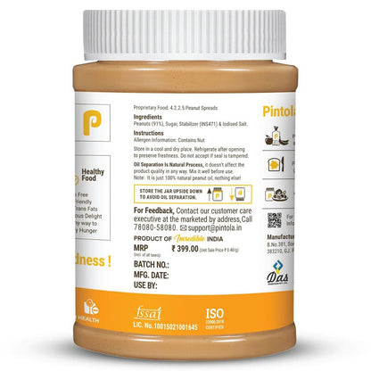 Pintola Classic Peanut Butter: High Protein, Non-GMO, Gluten-Free, Zero Cholesterol, Crunchy, 1kg.