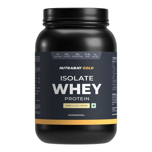 Nutrabay Gold 100 Whey Protein Isolate with Digestive Enzymes - 25g Protein  Protein Powder for Muscle Support  Recovery - Vanilla Icecream 1 kg