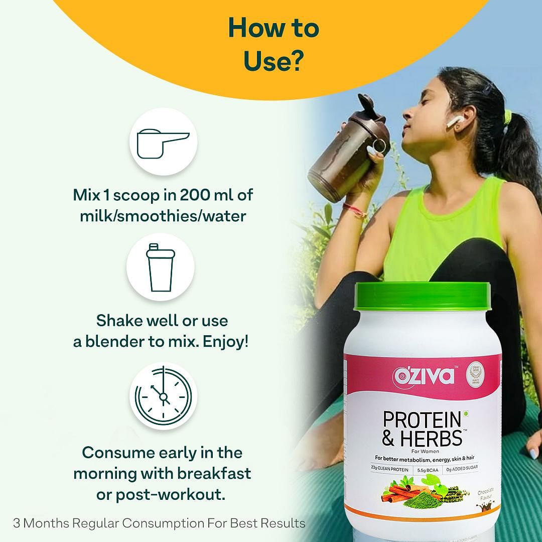 OZiva Protein & Herbs for Women: 23g Whey Protein, No Added Sugar, Certified Clean, Pack of 2. Helps reduce body fat, manage weight & metabolism.