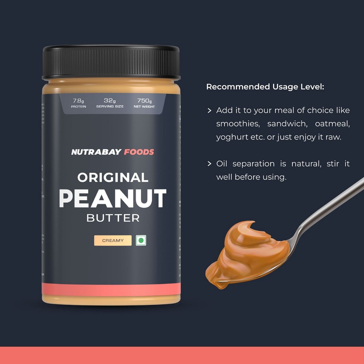 Nutrabay Peanut Butter Creamy 750G: 100% Roasted Peanuts, 28G Protein, Zero Cholesterol, Vegan, No Preservatives, Gluten-Free, Non-GMO.