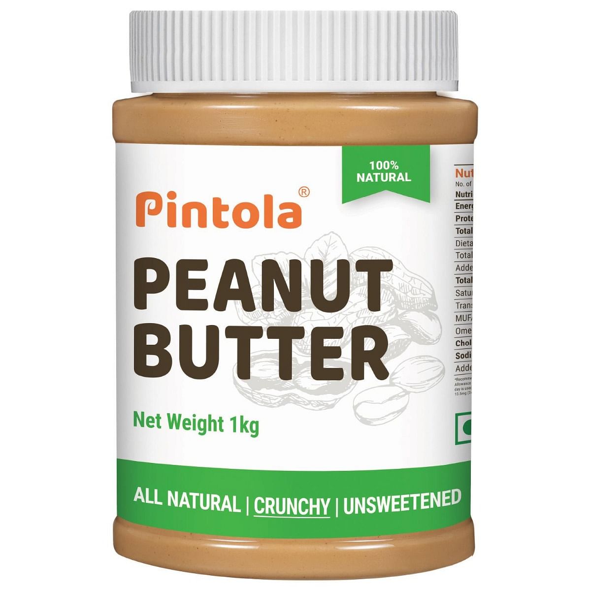 Pintola All Natural Peanut Butter  Rich in Fiber 30g Protein  Non GMO Naturally Gluten Free Cholesterol Free  Unsweetened Crunchy