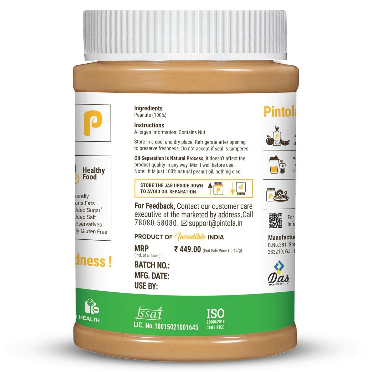 Pintola All Natural Peanut Butter  Rich in Fiber 30g Protein  Non GMO Naturally Gluten Free Cholesterol Free  Unsweetened Crunchy