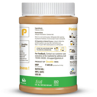 Pintola All Natural Peanut Butter  Rich in Fiber 30g Protein  Non GMO Naturally Gluten Free Cholesterol Free  Unsweetened Crunchy