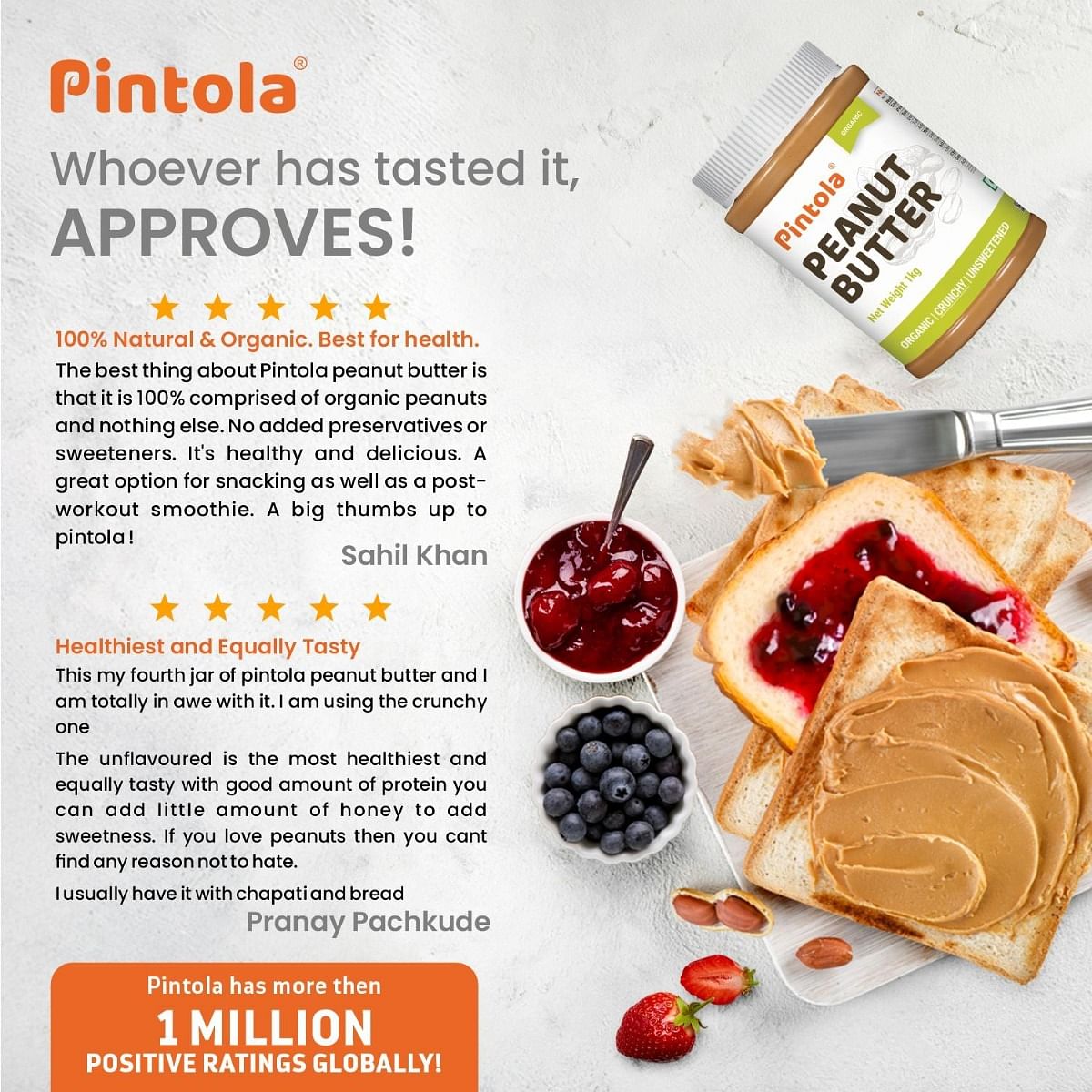 Pintola Organic Peanut Butter High in protein  fiber  Naturally Gluten-Free Zero Added Sugar Zero Cholestrol Unsweetened Crunchy 2.5kg