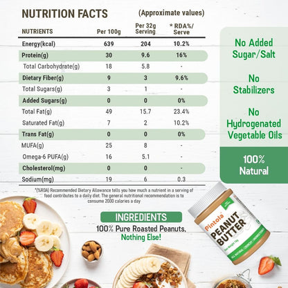 Pintola All Natural Peanut Butter  Rich in Fiber 30g Protein  Non GMO Naturally Gluten Free Cholesterol Free  Unsweetened Crunchy