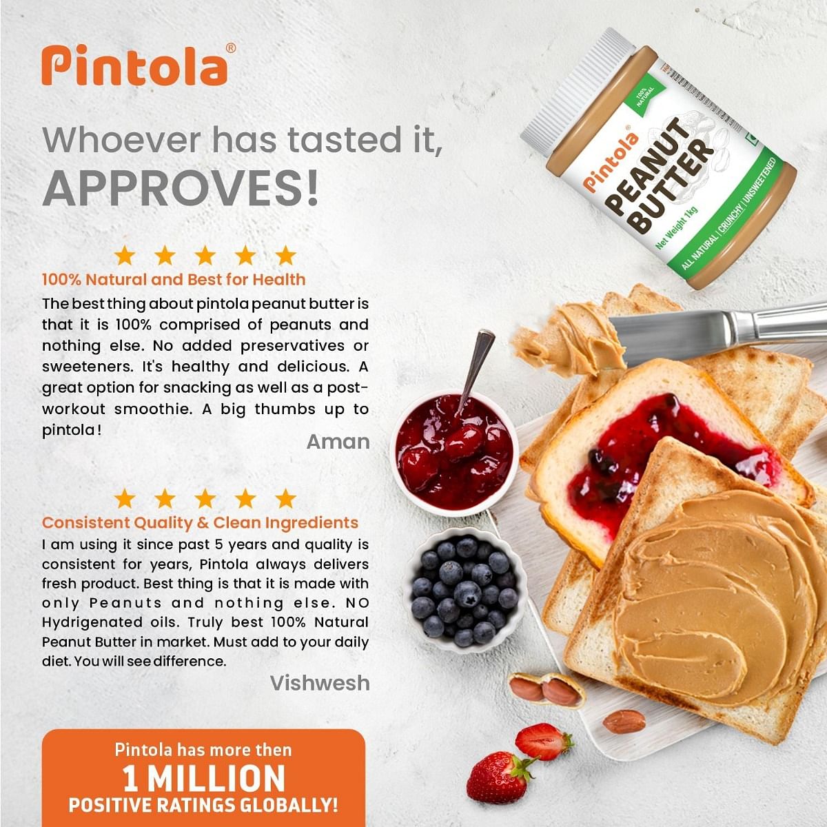 Pintola All Natural Peanut Butter  Rich in Fiber 30g Protein  Non GMO Naturally Gluten Free Cholesterol Free  Unsweetened Crunchy