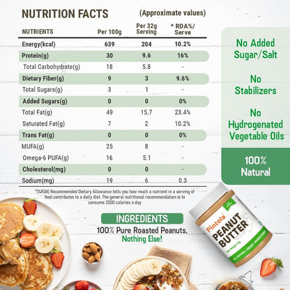 Pintola All Natural Peanut Butter  Rich in Fiber 30g Protein  Non GMO Naturally Gluten Free Cholesterol Free  Unsweetened Creamy