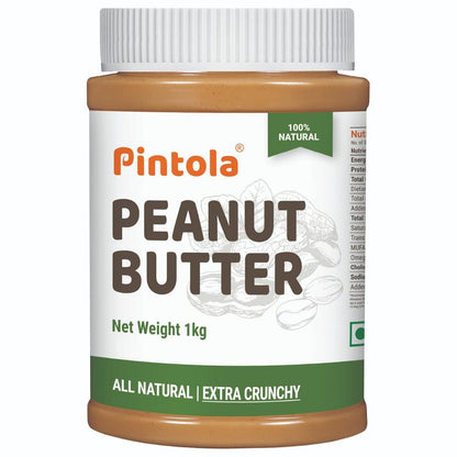 Pintola All Natural Peanut Butter  Rich in Fiber 30g Protein  Non GMO Naturally Gluten Free Cholesterol Free  Unsweetened Extra Crunchy 1kg