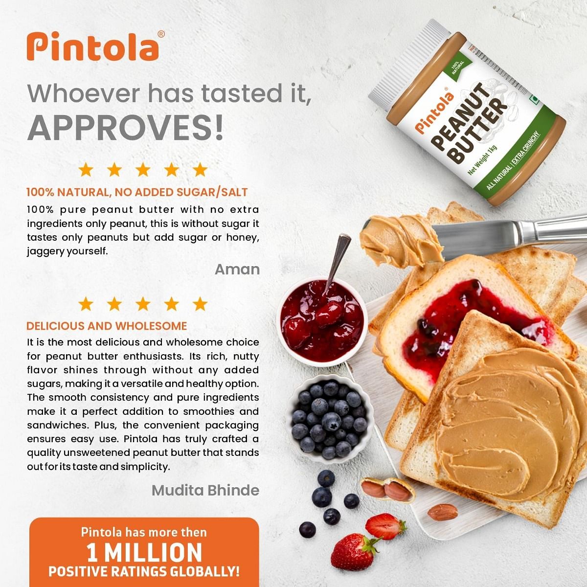 Pintola All Natural Peanut Butter  Rich in Fiber 30g Protein  Non GMO Naturally Gluten Free Cholesterol Free  Unsweetened Extra Crunchy 1kg