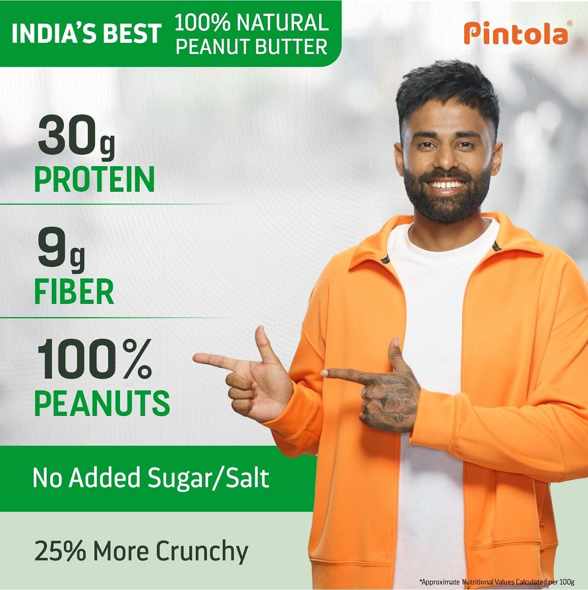 Pintola All Natural Peanut Butter  Rich in Fiber 30g Protein  Non GMO Naturally Gluten Free Cholesterol Free  Unsweetened Extra Crunchy 1kg