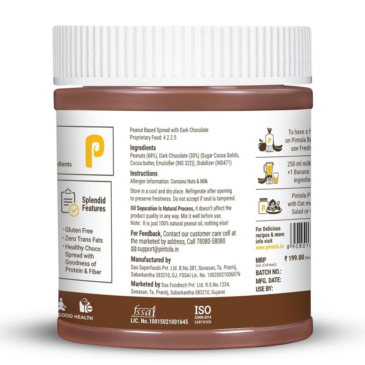 Pintola Choco Spread Peanut Butter: Premium peanuts, rich dark chocolate, Non-GMO, Gluten-Free, Zero Cholesterol, Creamy.