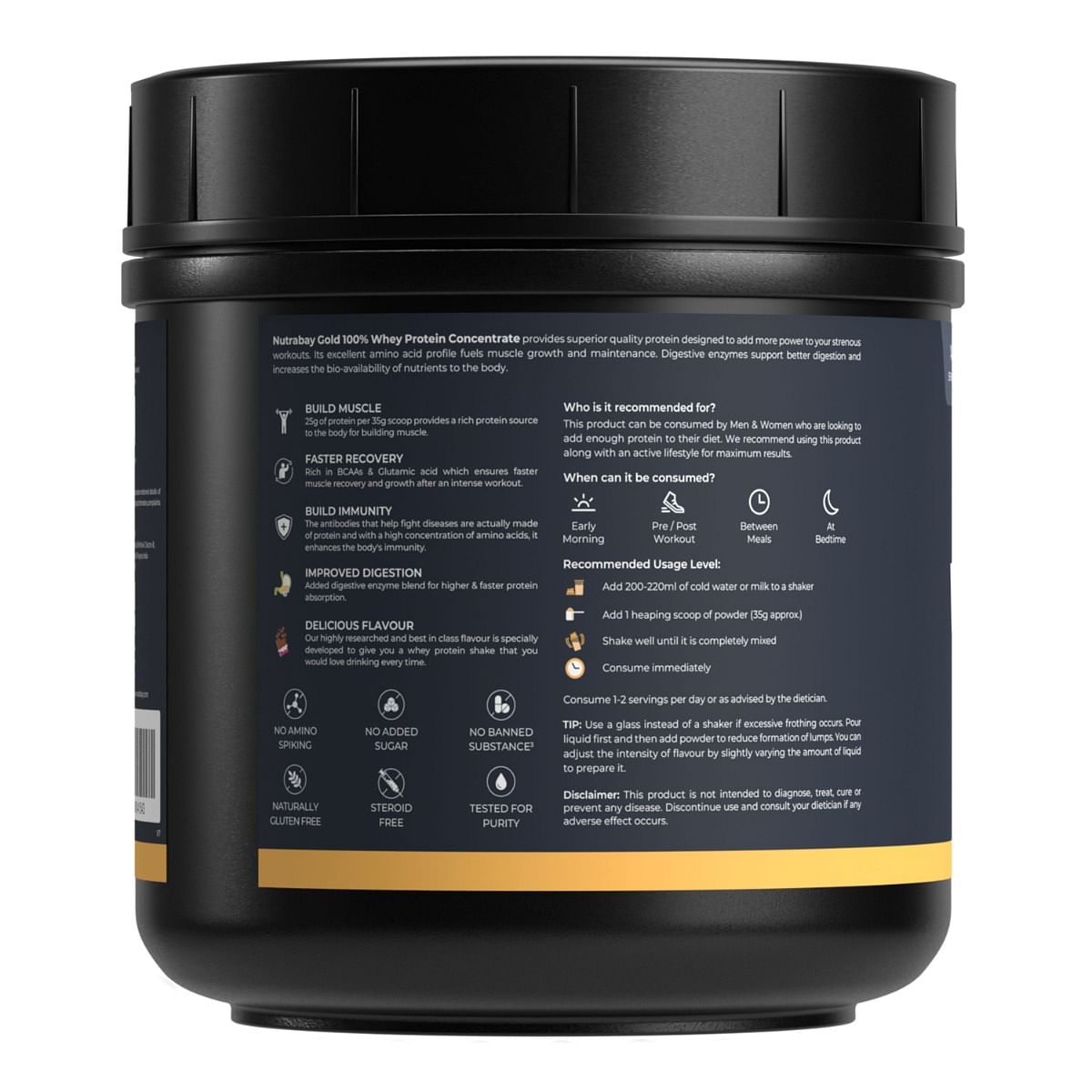 NUTRABAY Gold 100 Whey Protein 500g, 15 Servings: 25g Protein, 5.3g BCAA, 3.9g Glutamic Acid. Muscle Growth & Recovery Supplement for Men & Women.