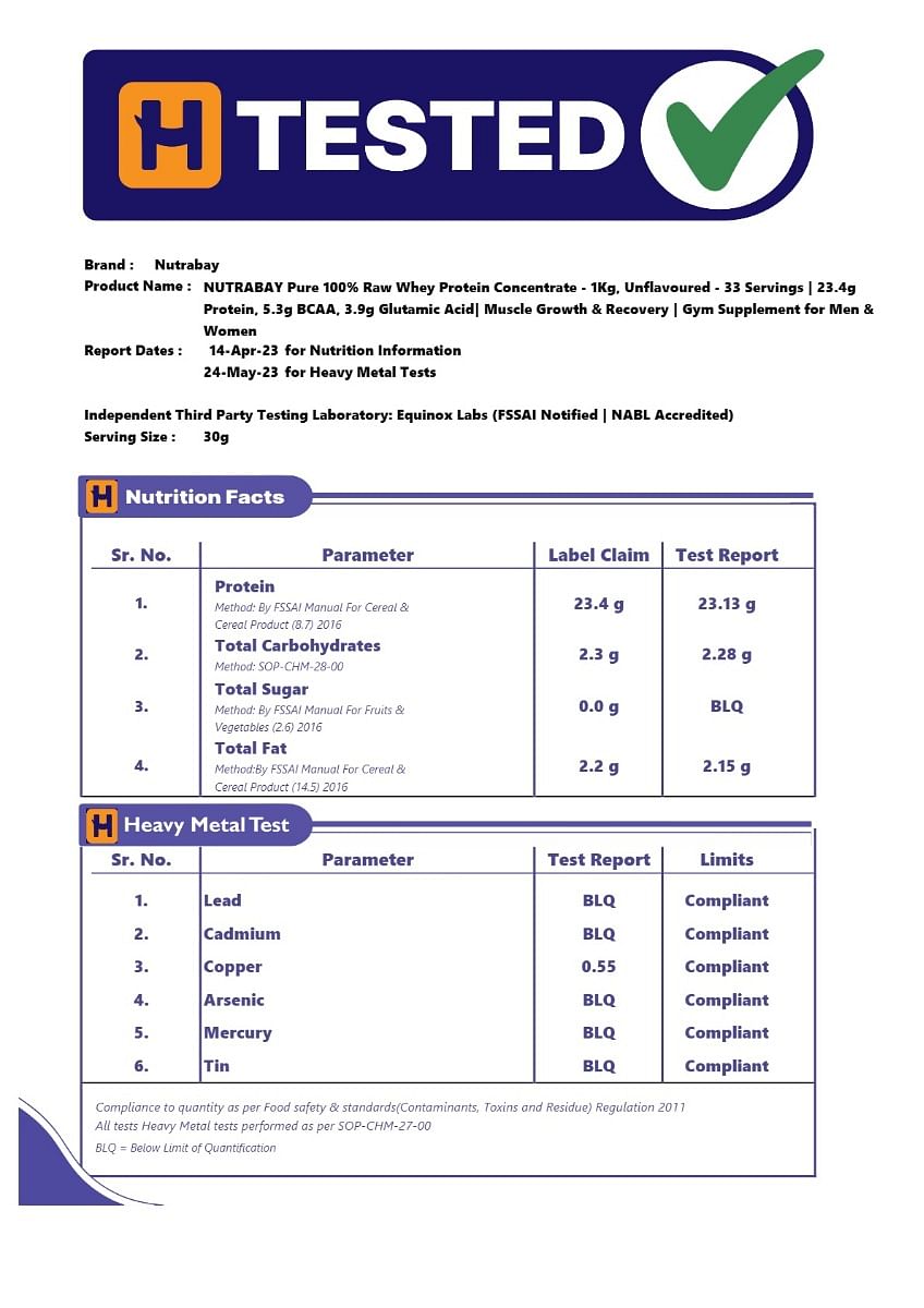 NUTRABAY Pure 100 Raw Whey Protein: 23.4g Protein, 5.3g BCAA, 3.9g Glutamic Acid for Muscle Growth & Recovery. Unflavoured Gym Supplement for Men & Women.