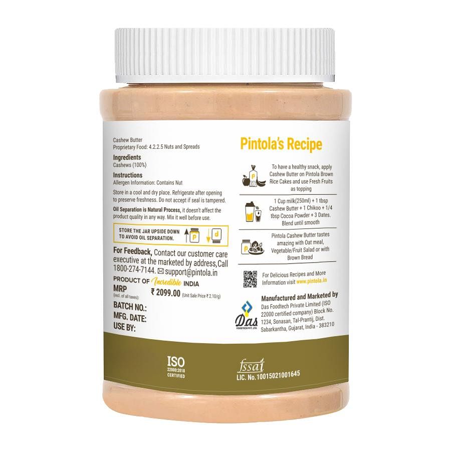 Pintola All Natural Cashew Butter Made With 100 Cashews  Rich In Protein Naturally Gluten-Free Zero Added Sugar Unsweetened Creamy