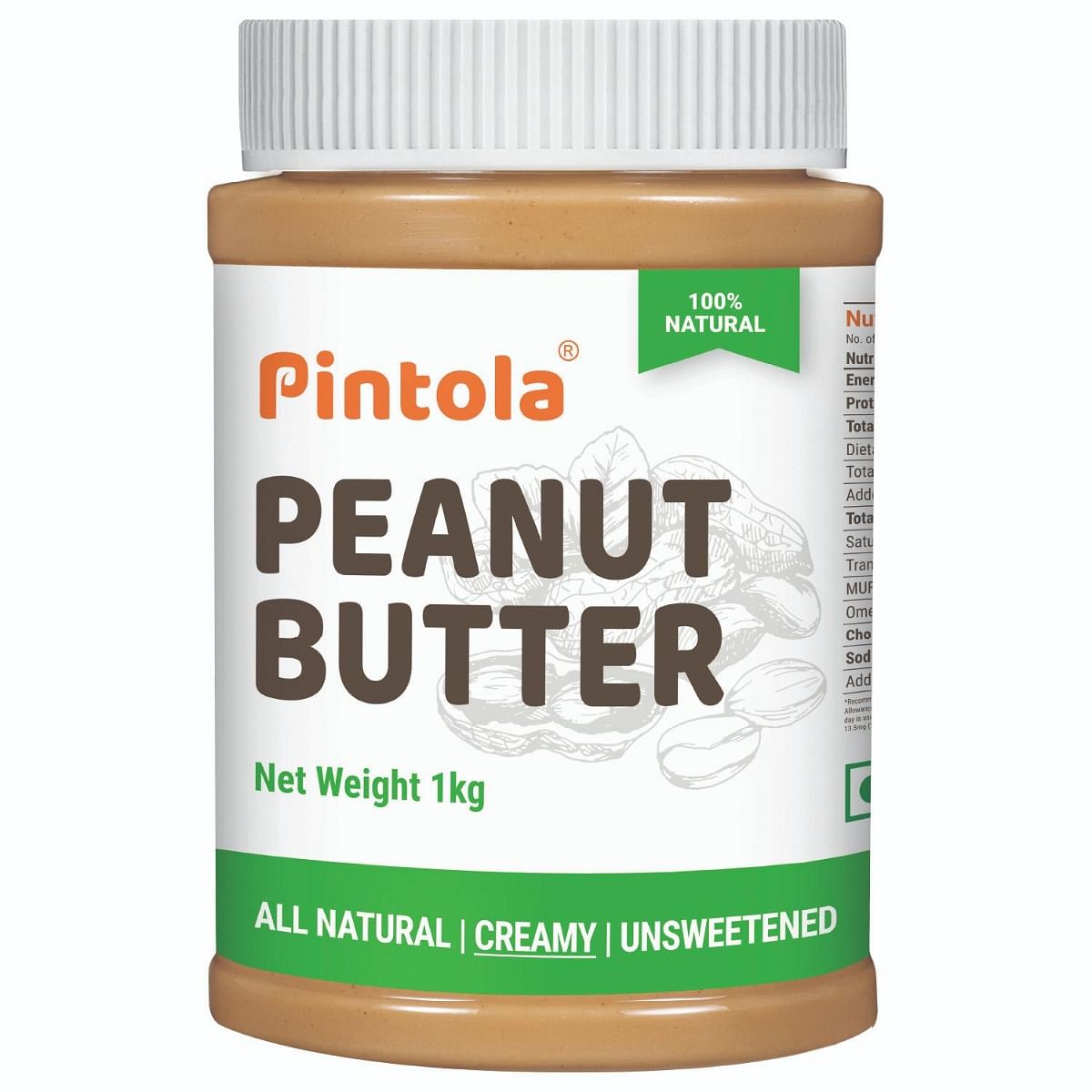 Pintola All Natural Peanut Butter  Rich in Fiber 30g Protein  Non GMO Naturally Gluten Free Cholesterol Free  Unsweetened Creamy