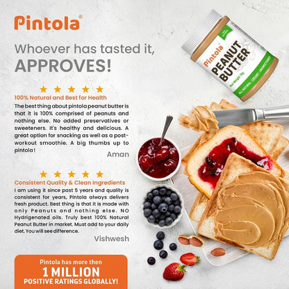 Pintola All Natural Peanut Butter  Rich in Fiber 30g Protein  Non GMO Naturally Gluten Free Cholesterol Free  Unsweetened Creamy