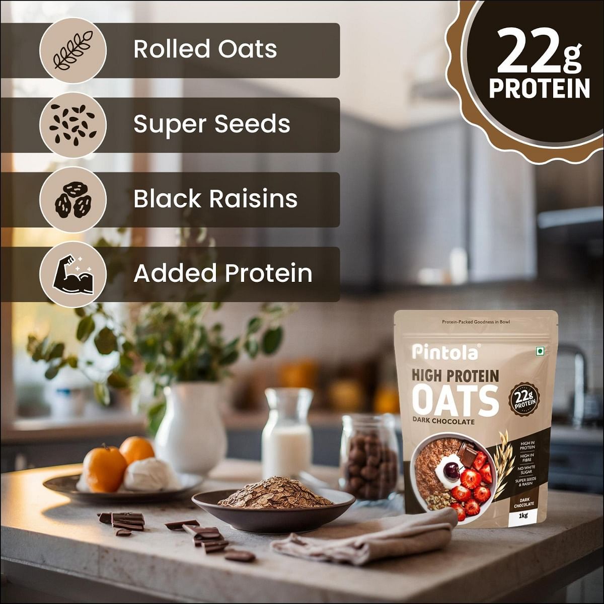 Pintola 22g High Protein Oats Dark Chocolate Oats for weight loss Breakfast Cereals Pouch