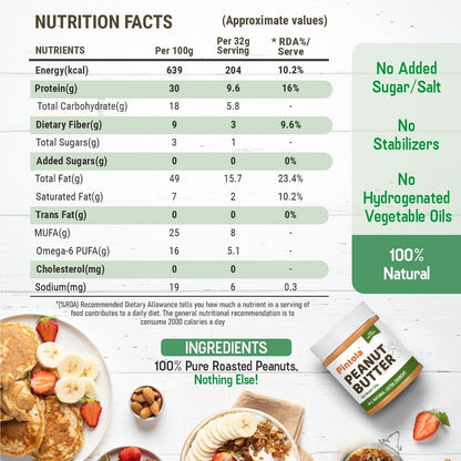 Pintola All Natural Peanut Butter  Rich in Fiber 30g Protein  Non GMO Naturally Gluten Free Cholesterol Free  Unsweetened Extra Crunchy 350g