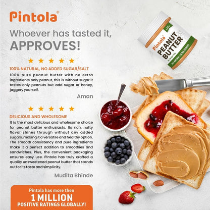 Pintola All Natural Peanut Butter  Rich in Fiber 30g Protein  Non GMO Naturally Gluten Free Cholesterol Free  Unsweetened Extra Crunchy 350g