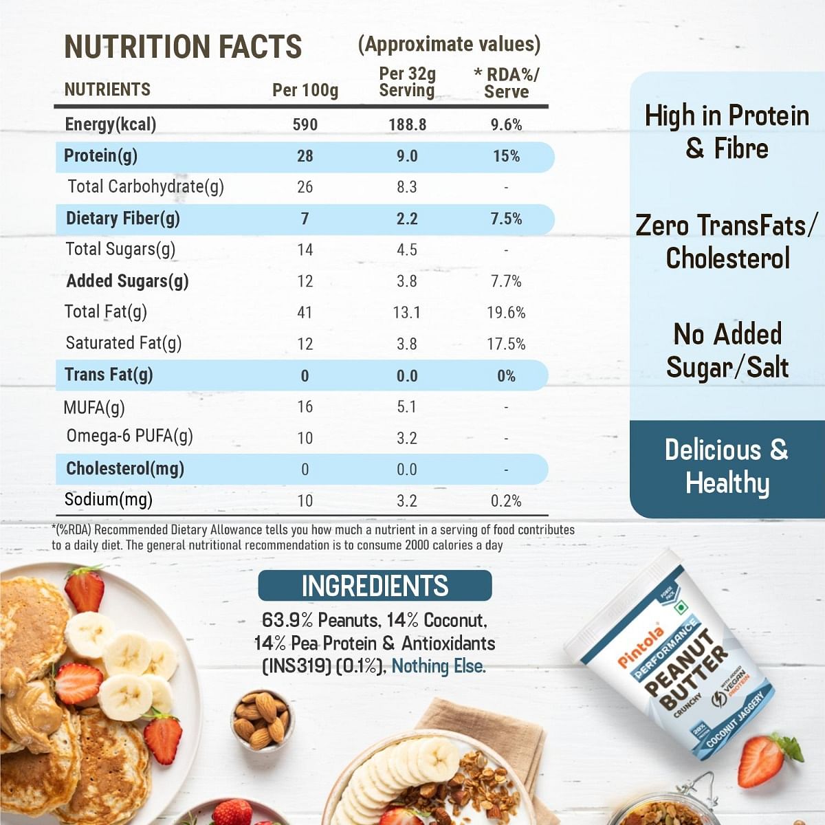 Pintola Coconut Jaggery Performance Series Peanut Butter Crunchy  Vegan Protein  28 Protein  High Protein  Fiber