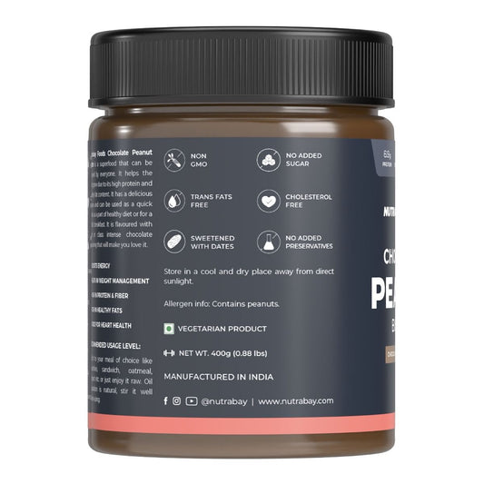 Nutrabay Foods Peanut Butter Creamy - Chocolate Intense  100 Roasted Peanuts 22g Protein Zero Cholesterol Vegan Gluten Free Non GMO