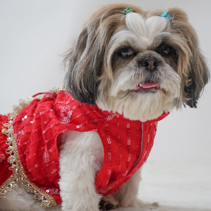 Pawgypets Net Lehenga for Dogs Red