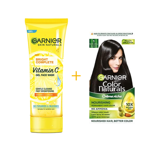 Combo - Garnier Skin Naturals Bright Complete Vitamin C Face Wash Gel 50g  Garnier Color Naturals Creme Rich Shade 1 Natural Black Nourishing Permanent Hair Color 130g