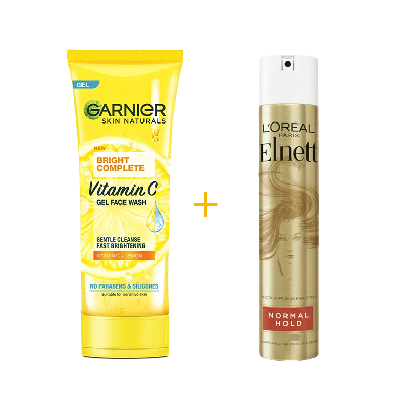 Combo - Garnier Skin Naturals Bright Complete Vitamin C Face Wash Gel 50g  LOreal Paris Elnett Satin Normal Hold Hair Spray