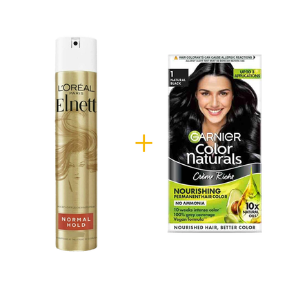 Combo - LOreal Paris Elnett Satin Normal Hold Hair Spray  Garnier Hair Colouring Creme Shade 1 Natural Black